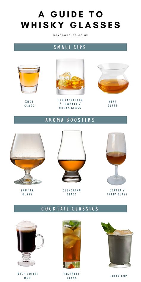 The glass you use for your whisky can have a big impact on your aroma experience. We explore types of whisky glasses and what they offer to the drinker. #whisky #whiskey #whiskyglasses #infographic Types Of Glasses Drinks, Whiskey Tasting Party Ideas, Glasses Types, Types Of Whiskey, Glass Of Whisky, Types Of Alcoholic Drinks, Whiskey Tasting Party, Types Of Alcohol, Different Types Of Glasses