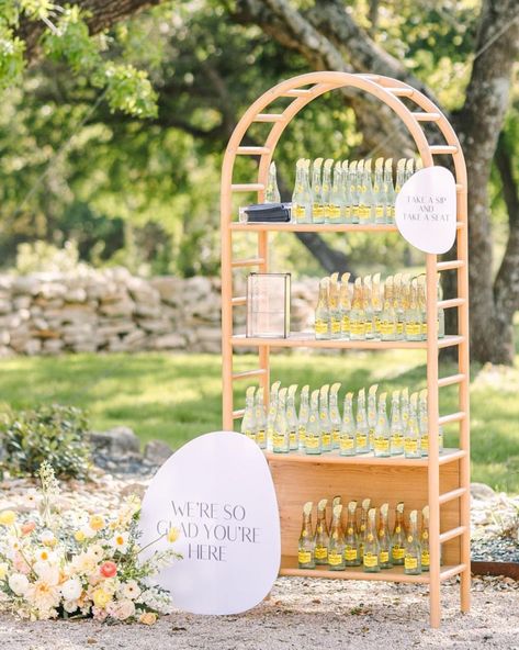 Joy | Wedding Websites & More | Quench your thirst and raise a toast with this Topo Chico drink wall! 💧🥂 planning, design + signage | @lbvdesignhouse photo |… | Instagram Welcome Drink Station, Drink Wall, Wedding Drink Station, Champagne Wall, Welcome Drink, Drink Station, Peach Wedding, Drink Table, Take A Seat