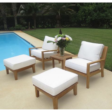 Royal Teak Outdoor 5 Piece Coastal Lounge Chair with Miami Ottomans and Side Table Set | from hayneedle.com Coastal Lounge, Adirondack Furniture, Contemporary Seating, Privacy Screen Outdoor, Natural Cushions, Outdoor Ottomans, Square Side Table, Sunbrella Cushions, Teak Outdoor