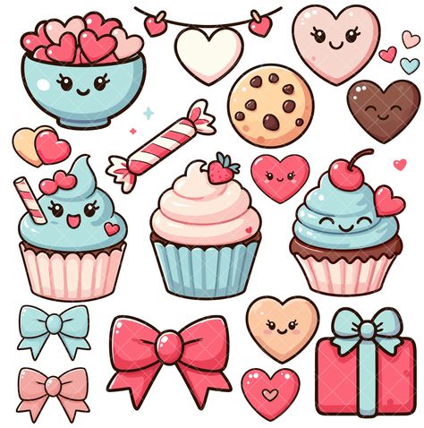 Kawaii, Sweets Illustration, Valentines Cupcake, Griffonnages Kawaii, Kawaii Blue, Kawaii Valentine, Baby Blue Background, Cricut Print And Cut, Cute Easy Doodles