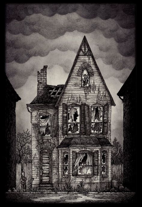 Originals | John Kenn Thomas Ligotti, Haunted House Drawing, Feeling Uneasy, John Kenn, Scary Houses, Scary Stories To Tell, Creepy Houses, Old Abandoned Houses, Pen On Paper