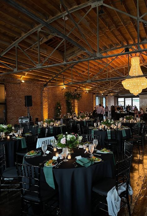 Wedding Colors Black And Green, Black Gold And Forest Green Wedding, Black And Emerald Wedding Decorations, Black Forest Wedding Theme, Black And Green Theme Party, Black Forest Green Wedding, Emerald Green Black White Silver Wedding, Emerald Black And Silver Wedding, Dark Green Reception Decor