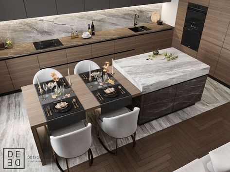 Two Level Island With Seating, Kitchen Island Dining Table, Interior Dapur, Kitchen Inspiration Design, Kitchen Room Design, Kitchen Furniture Design, Spacious Kitchens, Counter Tops, Minimalist Kitchen