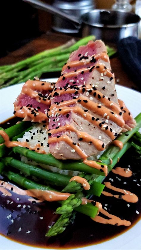 Seared Tuna Steak with Soy Sauce Gravy - Bacon & Vodka Sauce For Tuna Steak, Ahi Tuna Sauce, Tuna Steak Dinner, Seared Tuna Steak, Tuna Sauce, Spicy Mayo Sauce, Bacon Vodka, Seared Tuna Steaks, Grilled Tuna Steaks