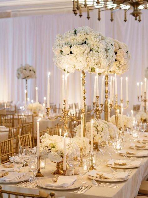 White And Gold Color Palette, White And Gold Wedding Themes, Luxury Wedding Reception, Table Settings Wedding, Candelabra Wedding Centerpieces, Timeless Romantic Wedding, Classic Wedding Reception, Classy Wedding Decor, Gold Wedding Flowers