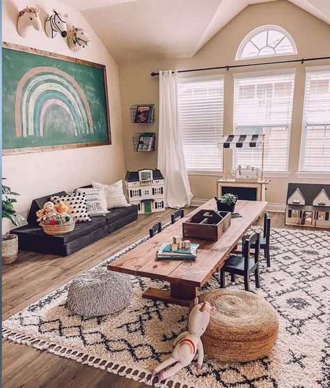 Boho Home School Room, Playroom With Seating, Rug For Kids Playroom, Family Room With Toy Area, Sunroom And Playroom Ideas, Loft Toy Room, Homeschool Room Playroom, Montessori Family Room, Boho Home Daycare