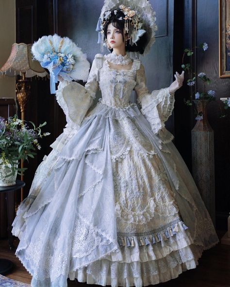 💙✨Gorgeous Princess Lolita dress with delicate sequins and tassel details. 🛍️👀Ideal for tea parties, conventions, photoshoots, or any event where you want to make a lasting impression. 🛒👉Search 'H-Q-027' on devilinspired.com #devilinspired #gorgeous #princessdress #princessgirl #himelolita #lolitacoord #lolitafashionstyle Majestic Outfits, Victorian Dress Gown, Fluffy Wedding Dress, Victorian Gown, One Piece Full, Muslimah Wedding Dress, Tea Party Bridal, Rococo Fashion, Charming Wedding