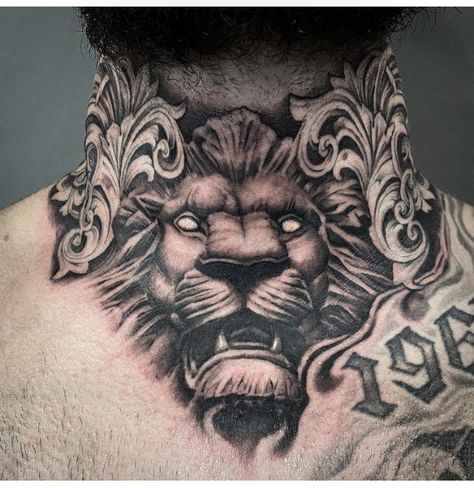 Full Neck Sleeve Tattoo, Lion Throat Tattoo Men, Lion Throat Tattoo, Lion Neck Tattoo Men, Full Neck Tattoo For Guys Drawings, Lion Tattoo Neck, Men’s Throat Tattoo Ideas, Neck Sleeve Tattoo Men, Leo Neck Tattoo