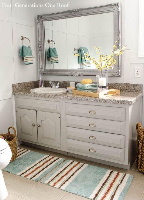 Summer Bathroom refresh with @bhg . Swap out a few  key accessories and you will have a fresh new look for the season. Modern Cottage Bathroom, Diy Bathroom Vanity Makeover, Cheap Bathroom Vanities, Bathroom Vanity Remodel, Cheap Bathroom, Vanity Makeover, Bathroom Vanity Makeover, Diy Bathroom Vanity, Rustic Bathroom Vanities