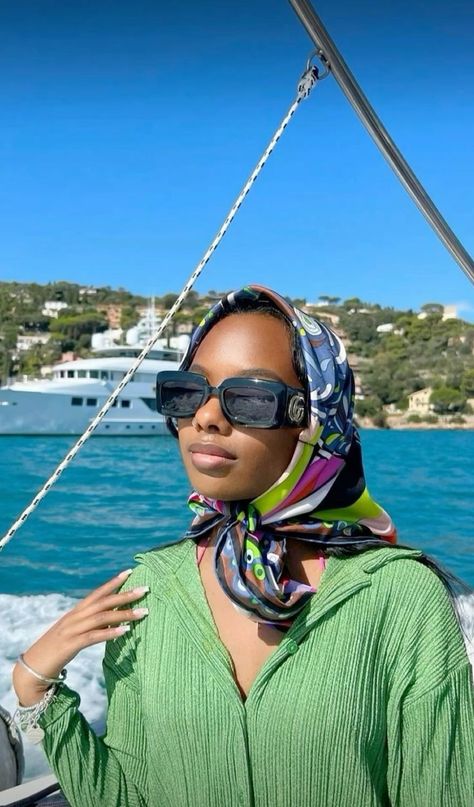 Black Woman Luxury Aesthetic, Yacht Outfit, Silk Scarf Outfit, Scarf Aesthetic, Luxury Silk Scarves, Silk Scarf Style, Sunglasses Outfit, Classy Winter Outfits, Hair Scarf Styles