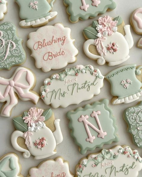 A cup of tea with the Bride-to Be🌸💐🤍🎀 #cowtowncookieco #fortworthcookies #aledocookies #bridalshowercookies #bridalteaparty… | Instagram Kitchen Tea Decor Ideas, Bridal Tea Cookies, Tea Party Royal Icing Cookies, 60th Birthday Tea Party Ideas, Bachelorette High Tea, Tea With Bride To Be, Tea Party Bridal Shower Cookies, High Tea With The Bride To Be, Tea With The Bride To Be Decor