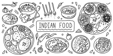 Indian Food Drawing, Food Line Art, Bullet Journal Work, Food Simple, Food Doodles, Nature Bookmarks, Mandala Art Therapy, Food Wallpaper, White Illustration