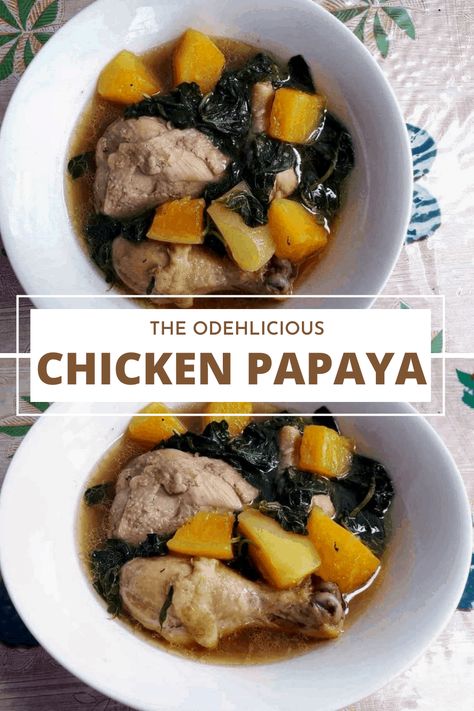 Chicken Papaya Soup is a Filipino dish mixed with green papaya and spinach. The broth is seasoned with ginger, garlic, fish sauce and chicken cube. Papaya Chicken Recipe, Chicken Papaya Soup, Papaya Chicken, Chicken Papaya, Papaya Soup, Papaya Recipes, Filipino Dish, Soup Dish, Seafood Stew