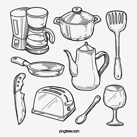 kitchen,pot,spoon,glass,knife,coffee machine,toaster,kettle,black,monochrome,hand painted,line,knife clipart,line clipart,kitchen clipart,spoon clipart,pot clipart Kitchen Objects Drawing, Kitchen Items Drawing, Kitchen Drawing Ideas, Kitchen Utensils Drawing, Kitchen Tools Drawing, Spoon Clipart, Knife Clipart, Hen Drawing, Utensils Drawing