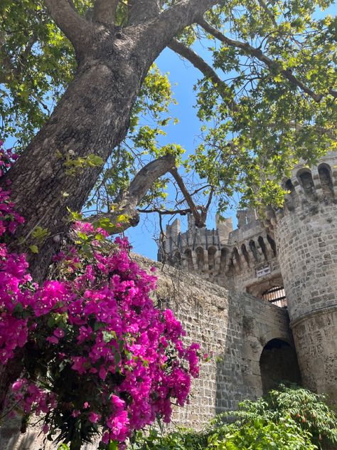 bright pink flowers growing on a tree in front of a brick fortress in rhodes, greece. Greece Rhodes Aesthetic, Rhodes Aesthetic, Rhodes Island Greece, Greece Rhodes, Greece Aesthetic, 2024 Moodboard, Mediterranean Summer, Travel 2024, Rhodes Greece