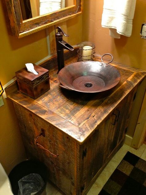 Nice gold pan sink Rustic Bathroom Vanities, Traditional Bathroom Vanity, Rustic Bathroom Designs, Rustic Bathrooms, Copper Sink, Rustic Lighting, Rustic Living, Rustic Bathroom, Rustic Living Room