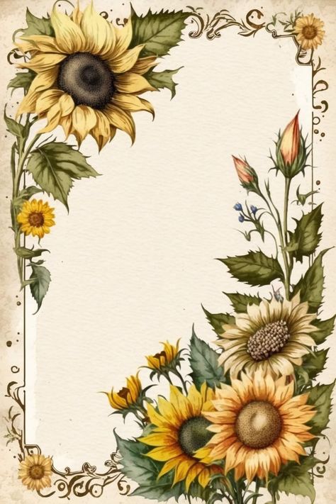 Sunflower Digital Art, Sunflower Border, Sunflower Sketches, Sunflower Printable, Vintage Paper Background, Free Vintage Printables, Vintage Flower Prints, Sunflower Art, Bee Art