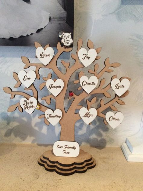 Laser Cut Christmas Ideas Family Tree Project For Kids, Family Name Sign Diy, Family Tree Ideas For Kids, Laser Engraver Projects, Creative Family Tree Ideas, Family Tree With Names, Family Tree Diy, Wood Family Tree, Family Tree House