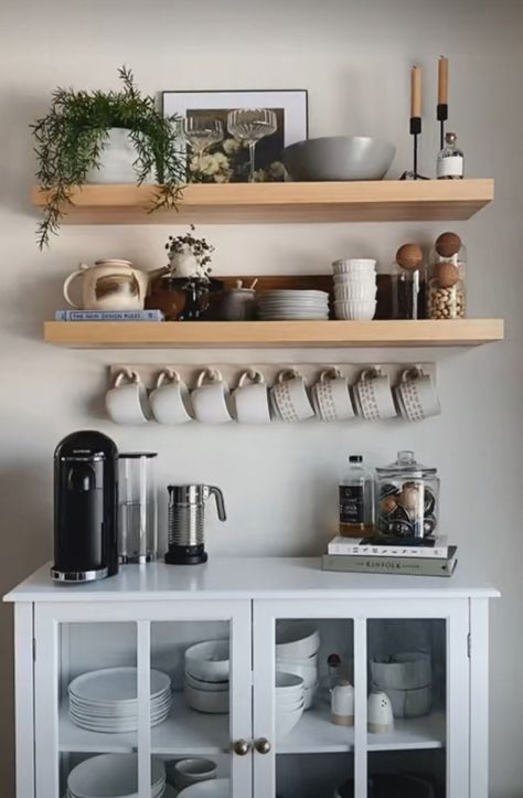 Decorative Shelf In Kitchen, Coffee Bar With Shelves Above, Shelves Above Coffee Bar, Coffee Shelf Ideas, Coffee Nook Ideas Small Spaces, Empty Kitchen Wall Ideas, Simple Coffee Bar, Corner Coffee Bar Ideas, Coffee Corner Kitchen