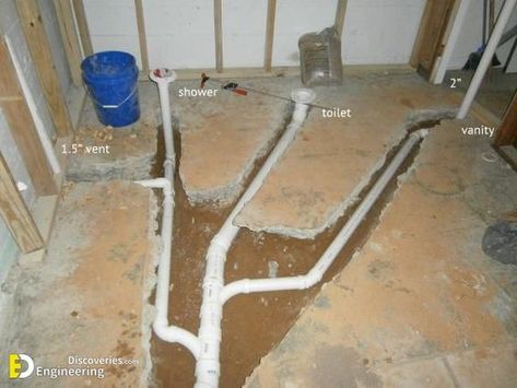 Underground Waste Plumbing Pipe Installation  | Engineering Discoveries House Drainage, House Drainage System, Basement Bathroom Plumbing, Basement Toilet, Basement Bathrooms, Small Basement Bathroom, House Plumbing, Plumbing Layout, Basement Bathroom Design