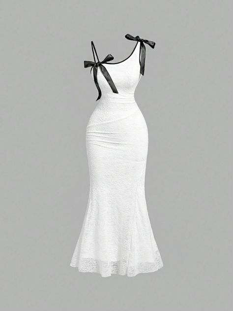 SHEIN MOD White Asymmetric Shoulder Strap Black Bow Decoration Ruched Mermaid Summer Women's Dress,Wedding Dress,Graduation  DressI discovered amazing products on SHEIN.com, come check them out! One Shoulder Mermaid Dress, Black And White Dress Aesthetic, Shien Dresses, Dresses From Shein, Dresses With Bows, Graduate Dress, Knitted Outfits For Women, Graduation Clothes, Dresses For Graduation