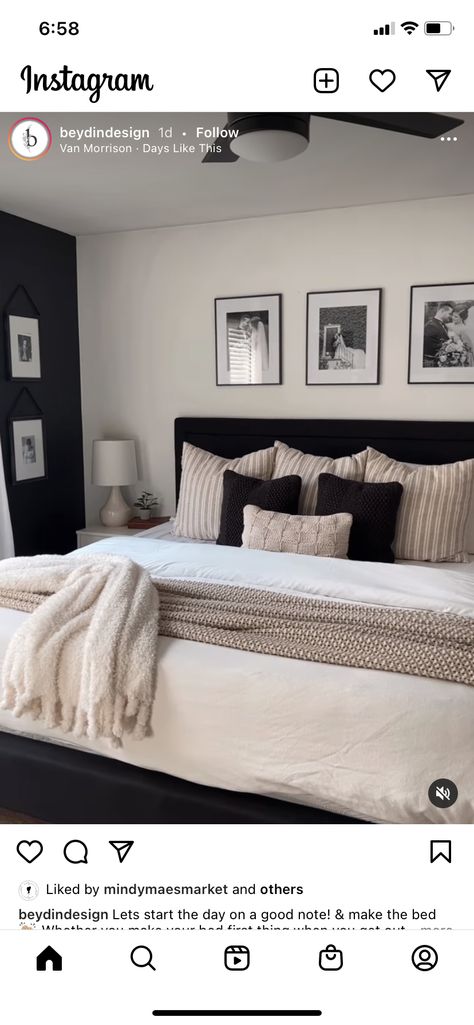 Neutral Room With Black Bed, Master Bedrooms Decor With Black Furniture, Neutral Bedding Black Headboard, Black White And Taupe Bedroom, Dark Beige Bedroom Ideas, Black And Oatmeal Bedroom, Black And Cream Master Bed, Black White Beige Aesthetic Home, Black Bed Frame Bedroom Ideas Aesthetic