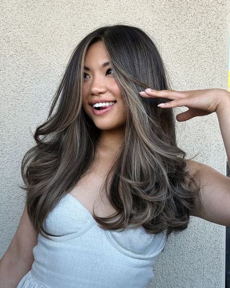 Diana Vivilecchia on Instagram: "Cool  brown - no yellow no orange Asian brunette. She’s looking like a queen. Feeling good in her hair transformation. Brought her from black to that. Using the dvcolour techniques, lots of layers and big blowout. Reserve a dvcolour hair colorist, they can recreate all the looks you see on @vividsalondv page . We got the technique pattern and formulas for our team only.  (905)990-8777 Info@ vividness.ca" Orange Balayage On Black Hair, Brunette Hair On Asians, Pretty Hair Colors For Brunettes, Cool Brown Hair Blue Eyes, Brown Black Hair Balayage, Winter Hair Color Dark, Asian Highlights Hair Black, Hair Colors For Asian Women, Brown Hair On Asian