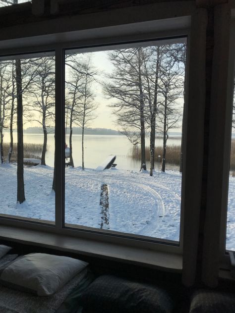 Nature, Snow Room Aesthetic, Snowy Lake Aesthetic, Lake House With Big Windows, Snow Lodge Aesthetic, Winter Lake Aesthetic, Cabin Winter Aesthetic, Snow Through Window, Winter Cottage Aesthetic