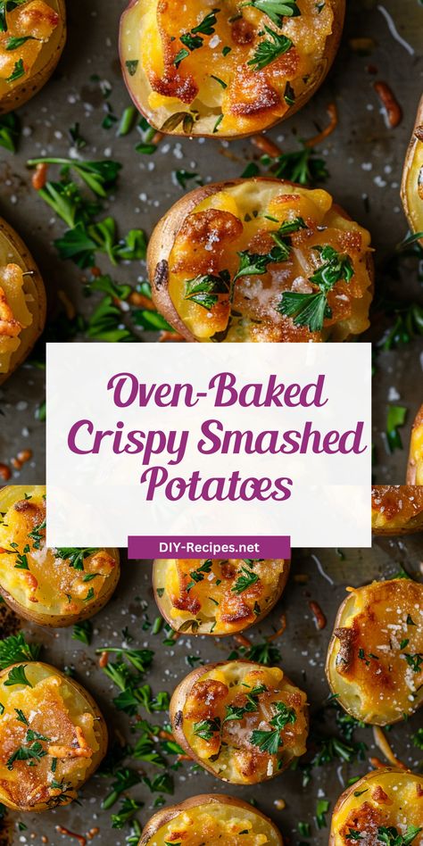 Try these oven-baked crispy smashed potatoes for a delicious and easy side dish. Crunchy and flavorful! Smoked Smashed Potatoes, Crispy Smashed Potatoes Baked, Golden Potatoes Recipe, Small Potatoes Recipe, Quick Potato Recipes, Smashed Potatoes Baked, Gold Potato Recipes, Smashed Red Potatoes, Russet Potato Recipes