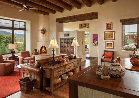 Pueblo Revival Interior, Southwestern Living Room Decor, Southwest Interior Design, Southwest Living Room, Southwest Interior, Pueblo Revival, Plastered Walls, Quaking Aspen, Woods Design