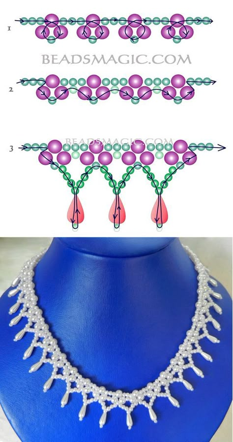 Free pattern for beaded bridal necklace Monica | Beads Magic Diy Necklace Patterns, Beads Magic, Beaded Necklace Patterns, Motifs Perler, Beading Patterns Free, Beaded Jewelry Tutorials, Necklace Patterns, Seed Bead Tutorial, Bead Loom Patterns