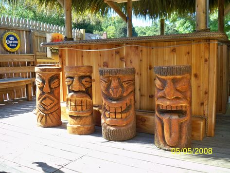 We also make custom made tiki's. These were made as bar stools for Bucks County Tavern in Charlotte NC Diy Tiki Bar, Funky Bar Stools, Tiki Bars Backyard, Tiki Bar Stools, Outdoor Tiki Bar, House Upgrades, Tiki Statues, Tiki Decor, Tiki Bar Decor