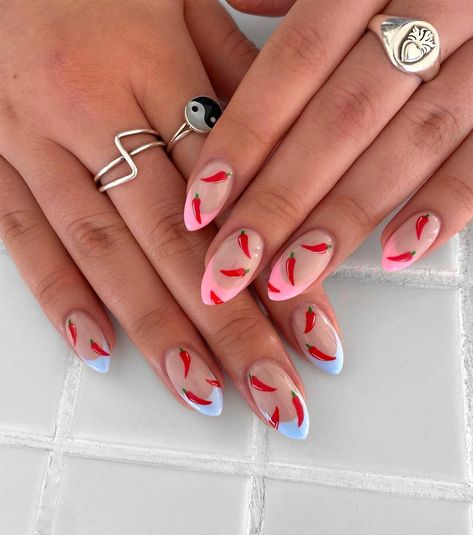 peachi nails on Instagram: “spicy french 🌶🔥 - - - - - - - #peachinails #nails #nailart #gelnails #nailpolish #instanails #nailinspo #fashion #style #cosmetics #beauty…” Chili Nails, Pink And Blue Nails, Pink Blue Nails, Gender Reveal Nails, Cotton Candy Nails, Short Nail Manicure, Cute Pink Nails, Art Deco Nails, Chilli Peppers