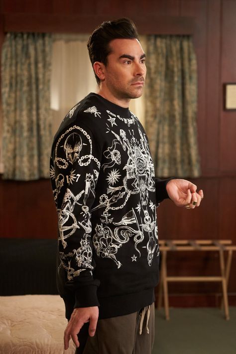 A Comprehensive Look Back at David Rose's (Simply the) Best Sweaters on Schitt's Creek Givenchy Sweater, Dan Levy, Daniel Levy, Best Sweaters, Black White Sweater, David Rose, Geometric Sweater, Schitt's Creek, Rosé Aesthetic