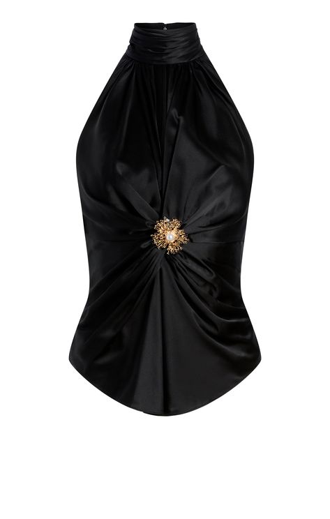 Experience luxury and elegance with our Rachel Top. Made from silk, this halter top boasts a sleeveless design and features a keyhole and brooch detail. Perfect for a night out, its black color adds sophistication to any outfit. Indulge in comfort and style with the Rachel Top. Details Zipper closureFabric: SilkHalter silhouetteKey hole detailSleeveless Content and Care 100% SilkDry CleanImported Measurements 22.75in/57.79cm from necklineMeasurements from size S Designer Party Tops, Halter Neck Top Outfit, Silk Blouse Outfit, Statement Tops, Selfie Filters, Formal Top, Chic Outfits Classy, Black Silk Blouse, Mode Zara