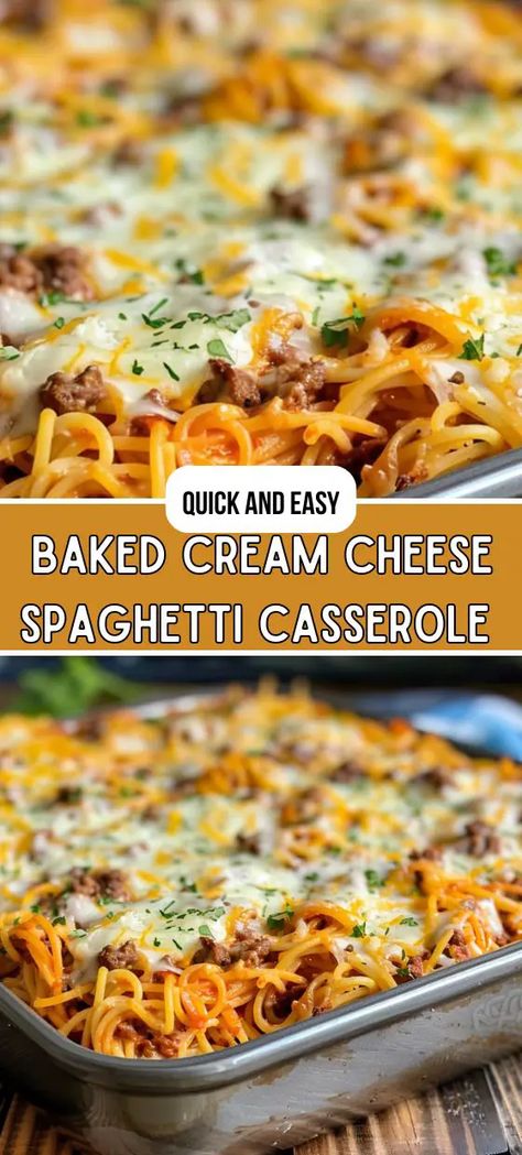 Baked Cream Cheese Spaghetti Casserole Spaghetti With Cream Cheese, Cream Cheese Spaghetti Casserole, Cheesy Baked Spaghetti, Baked Cream Cheese, Cream Cheese Spaghetti, Baked Cream Cheese Spaghetti, Cheesy Spaghetti, Cream Cheese Sauce, Creamy Pasta Dishes