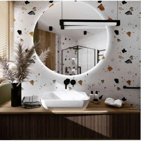 Bathroom Decor Luxury, Decor Luxury, Round Mirror Bathroom, Lighted Bathroom Mirror, Bathroom Design, Merlin, Leroy Merlin, Bathroom Decor, Bathroom Mirror