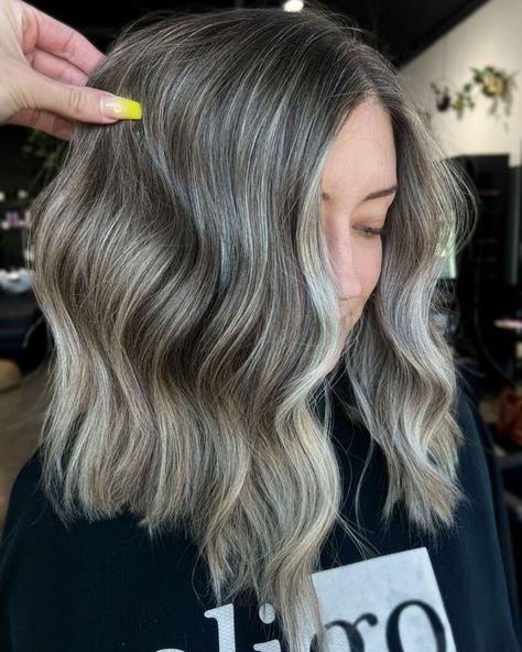 Natural-Looking Ashy Balayage to Cover Gray Lavender Grey Hair, Ashy Balayage, Grey Brown Hair, Gray Blending, Sleek Bob Hairstyles, Gray Balayage, Covering Gray Hair, Transition To Gray Hair, Blending Gray Hair