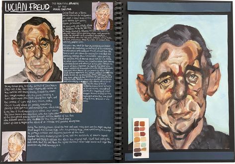 Lucian Freud Artist Research Page, Portrait Art A Level Sketchbook Pages, Gcse Fine Art Sketchbook, Artist Study Sketchbook, Artist Study Ideas, Distortion Artist Research, Art Study Sketchbook, A Level Fine Art Sketchbook, Artist Study A Level