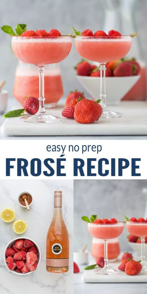 If you're looking for the perfect frozen cocktail I've got your back! This Easy No Prep Frosé is made with rosé, frozen strawberries, lemon and honey - it's refreshing, fruity, and boozy! #frose #frozenrose #wineslushie #winecocktail #cocktailrecipes #easycocktails #rose Froze Recipe, Rosé Cocktail, Rose Cocktail Recipes, Wine Slushie Recipe, Frosé Recipe, Easy Party Drinks, Rose Drink, Lemon And Honey, Frozen Cocktail