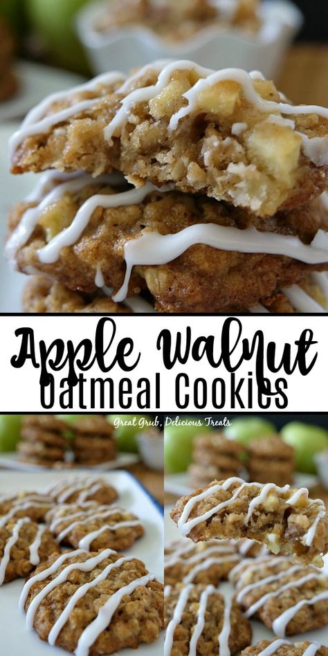 Apple Walnut Oatmeal Cookies are deliciously soft and chewy cookies loaded with apples and walnuts. #cookierecipes #oatmeal #dessertfoodrecipes #applerecipes #greatgrubdelicioustreats Apple Walnut Oatmeal Cookies, Apple Walnut Dessert Recipes, Apple Walnut Bars, Apple Pecan Cookies, Apple And Walnut Recipes, Apple Walnut Cookies, Walnut Baking Recipes, Recipes With Walnuts Healthy, Walnut Deserts