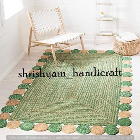 Hand Braided Bohemian Colorful Rectangle Rug ,Cotton and Jute Area Rug Home Decor Rugs Floor Decor Carpet Woven Rag Rug, Pale Lime Green, Textured Rug, Braided Rag Rugs, Rustic Aesthetic, Braided Rug, Jute Area Rugs, Square Rug, Striped Rug