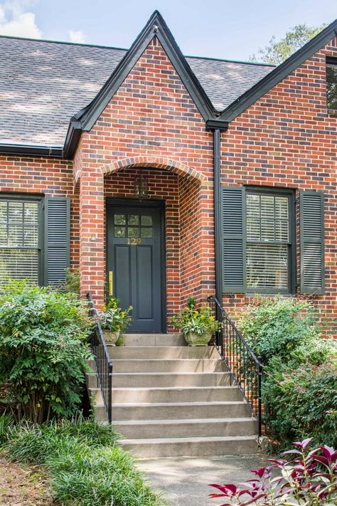 Trim On Brick House, Brick House Trim, Black Brick House, Red Brick House Exterior, Red Brick Exteriors, Black Shutters, House Trim, Red Brick House, Brick Exterior House