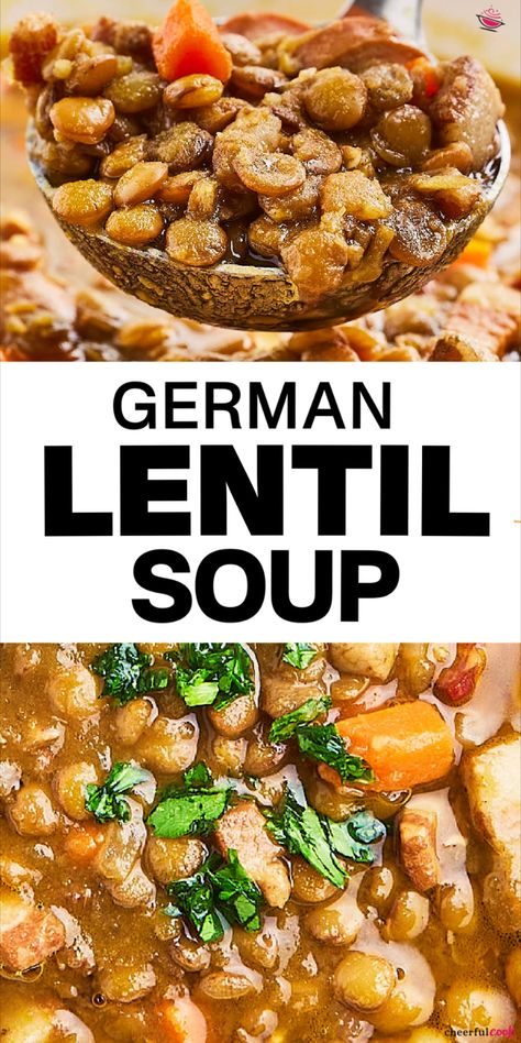 Collage of two closeup images of a German Lentil Soup. Lentil Bacon Soup, German Lentil Soup Recipe, German Lentil Soup, Lentil Soup With Bacon, Sausage Lentil Soup, Sausage Lentil, Lentils And Sausage, Bacon And Sausage, Soup With Bacon