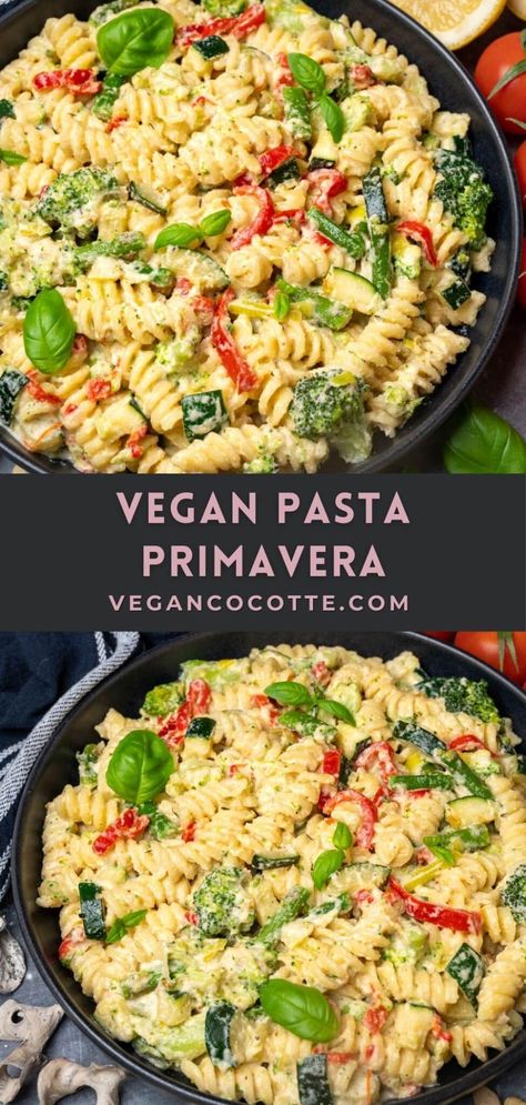 Vegan Cocotte, Cocotte Recipes, Vegan Pasta Primavera, Healthy Vegan Pasta, Primavera Recipe, Creamy Vegan Pasta, Pasta Primavera Recipe, Vegan Pasta Dish, Vegan Pasta Salad