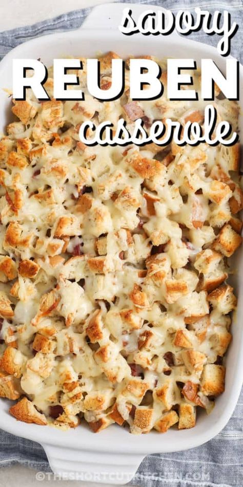 Whip up a tasty homemade Reuben casserole, with no need for separate prepping! Layer savory rye bread cubes with corned beef, sauerkraut, Swiss cheese, and Thousand Island dressing. Bake until it's bubbling with flavor! Enjoy this cozy casserole any time of the year, and capture the essence of the famous sandwich in this Reuben casserole recipe! #theshortcutkitchen #homemadereubencasserole #reubencasserole #reubencasserolerecipe Rubin Casserole Recipes, Rueben Casserole Baked, Casserole With Bread Cubes, Ruben Casserole, Reuben Bake Recipe, Rueben Casserole, Cheap Casserole Recipes, Homemade Thousand Island Dressing, Reuben Casserole