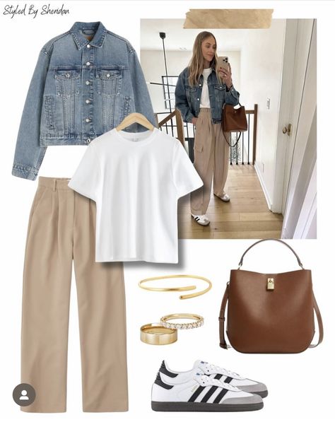 Beige Sambas Outfits, Saturday Summer Outfit, Beige Pants Outfit Fall, Over 50 Travel Outfits, Sambas Adidas Women Outfit Fall, Outfit Jeans Beige, Tan Dress Pants Outfit, Beige Tshirt Outfits, Beige Sneakers Outfit