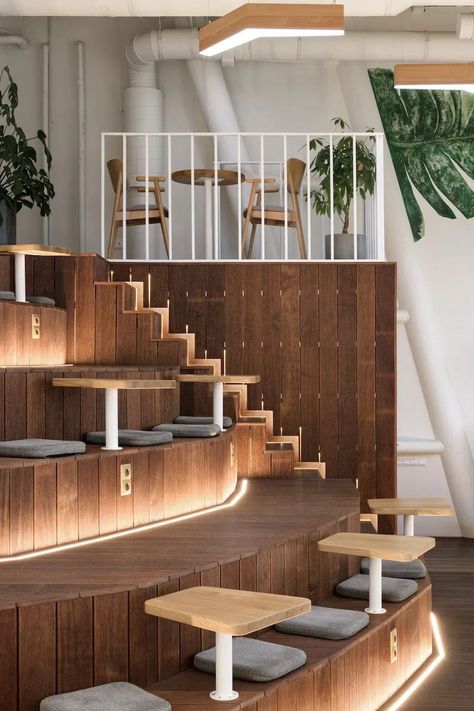 Stairs In Restaurant, Cafe Stairs Design, Coffee Architecture Design, Restaurant Stairs Design, Cafe Stairs, Stair Seating, Sitting Stairs, Eco Restaurant, Restaurant Stairs