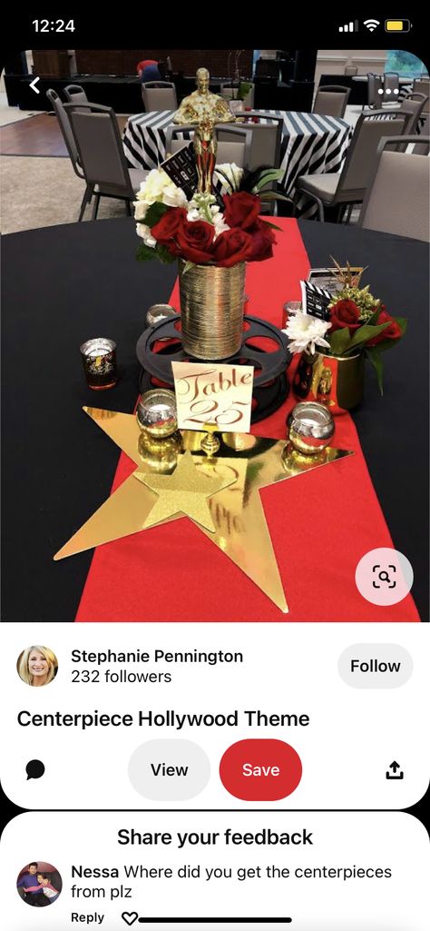 Red Carpet Theme Party Table Decorations, Oscar Table Decorations, Red Carpet Table Decor, 90s Oscars, Broadway Centerpieces, Red Carpet Party Centerpieces, Oscar Party Centerpieces, Red Carpet Centerpieces, Red Carpet Event Decorations