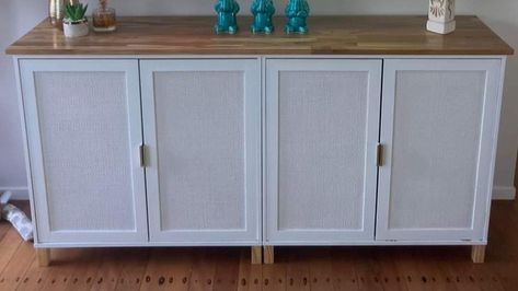 Kmart Fraser rattan cabinet hack white paint Diy Rattan Sideboard, Rattan Cupboard Doors Diy, White Rattan Wardrobe, Kmart Rattan, White Rattan Cabinet, Rattan Sideboard Kmart, Sideboard Painted, Cabinet Hack, Rattan Cabinet